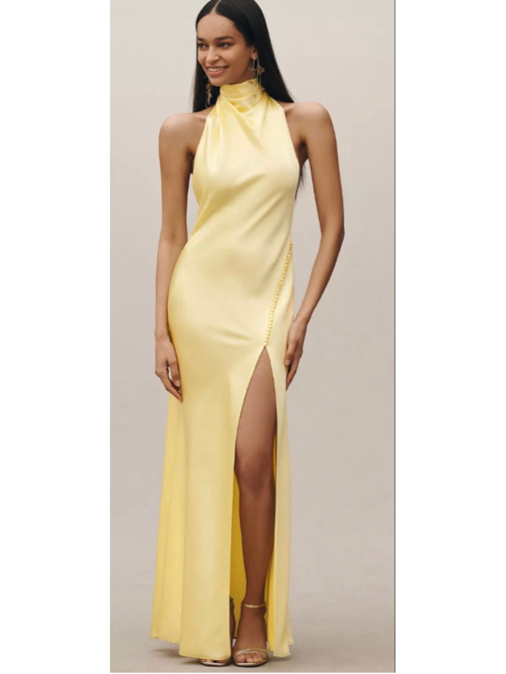 NWT SAU LEE Penelope High-Neck Backless Satin Gown in Yellow 10